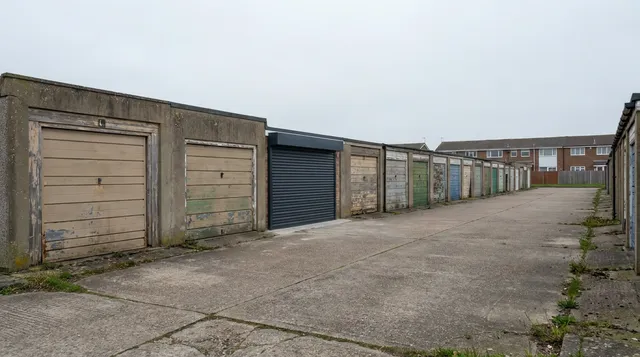 Row of older lock up garages in Basildon with one upgraded anthracite roller door