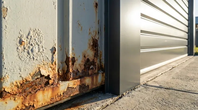 Close up of a rusty old garage door beside a new anthracite roller door in Benfleet