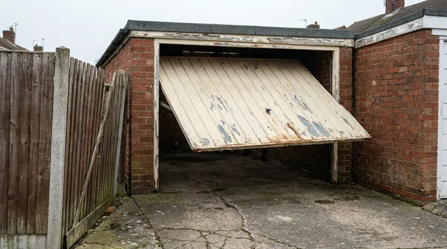 Tired single garage in Billericay with a failing white up and over door