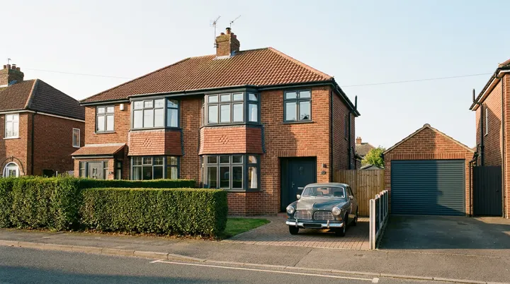 1930s red brick semi in Billericay with an anthracite roller garage door and a classic car on the drive