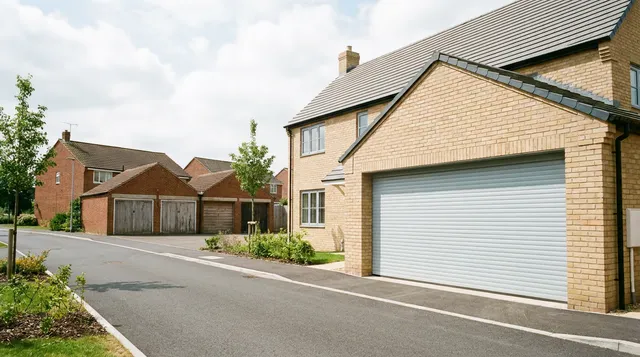 New build garage with a pale grey roller door beside an older garage block in Braintree