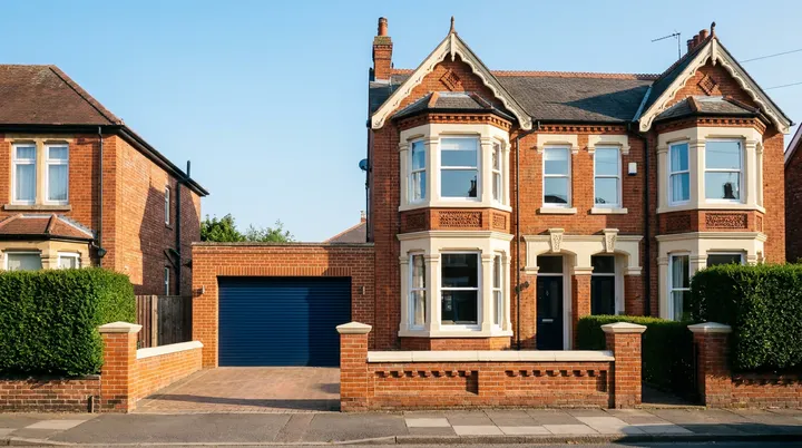 Victorian semi in Braintree with a deep blue roller garage door beside it