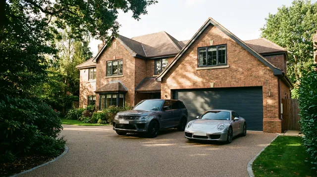 Executive Brentwood home with an anthracite double roller garage door and resin driveway