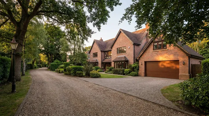 Large detached home on a leafy Brentwood lane with a golden oak double roller garage door