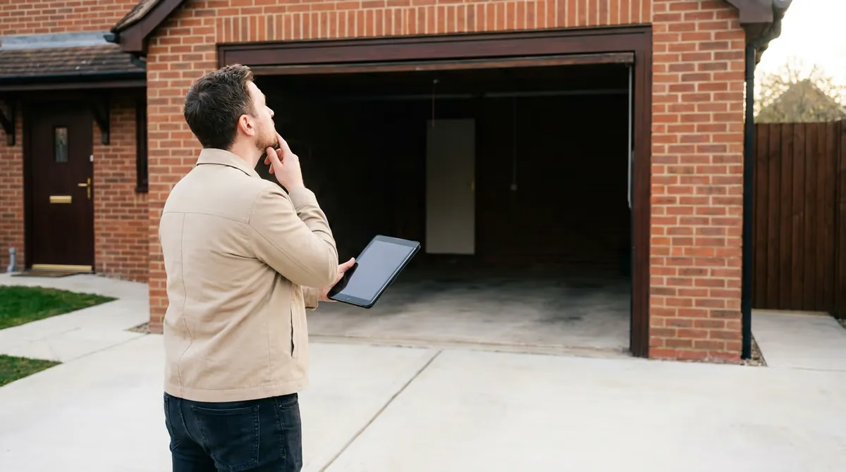 Homeowner on their driveway with a tablet working out the cost of a new garage door