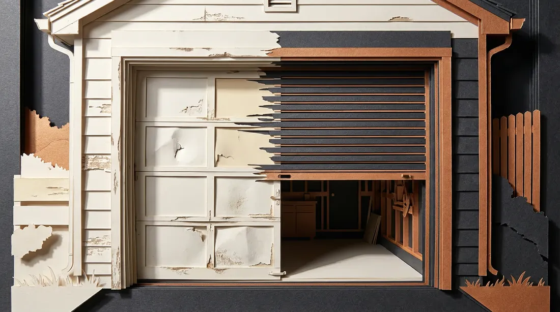 Layered paper diorama showing a tired old garage door transforming into a new roller door