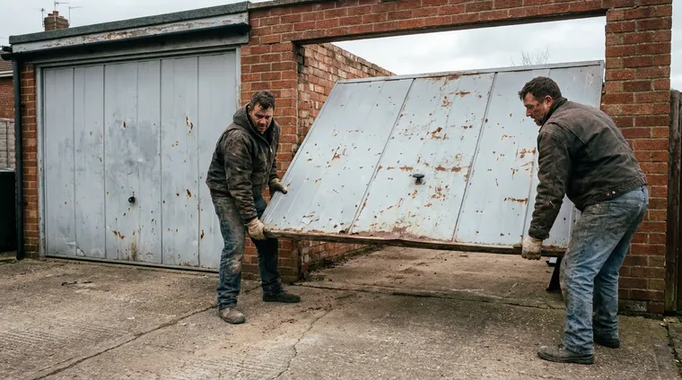 Installers lifting an old dented garage door clear of the brick opening