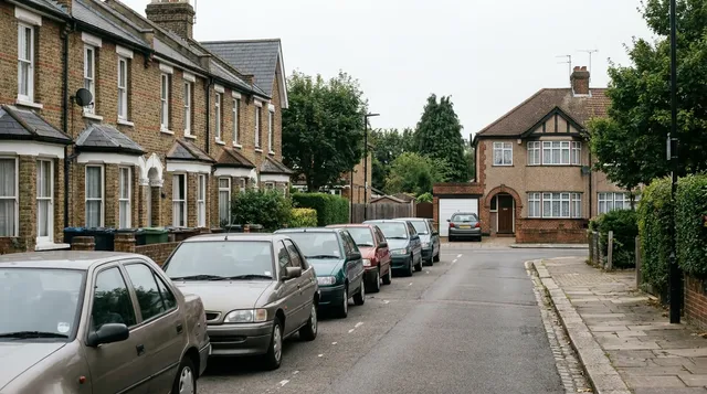 Residential street in Chelmsford with a 1930s house and single garage on the corner