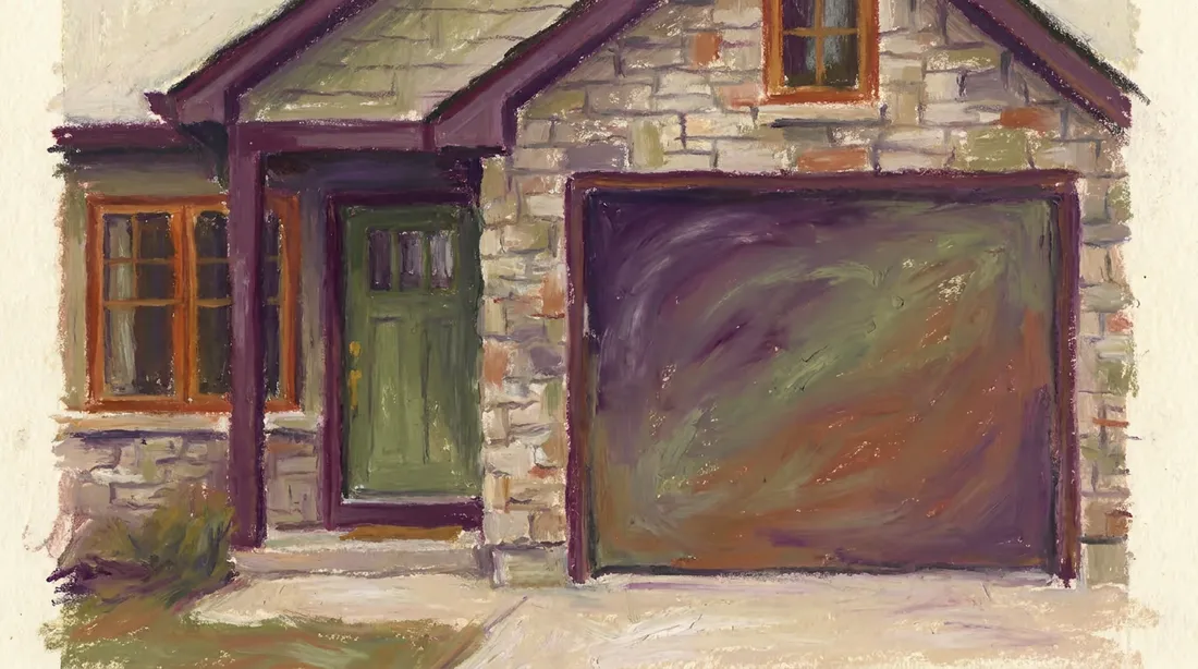 Oil pastel drawing of a house whose garage door blends through several considered colours