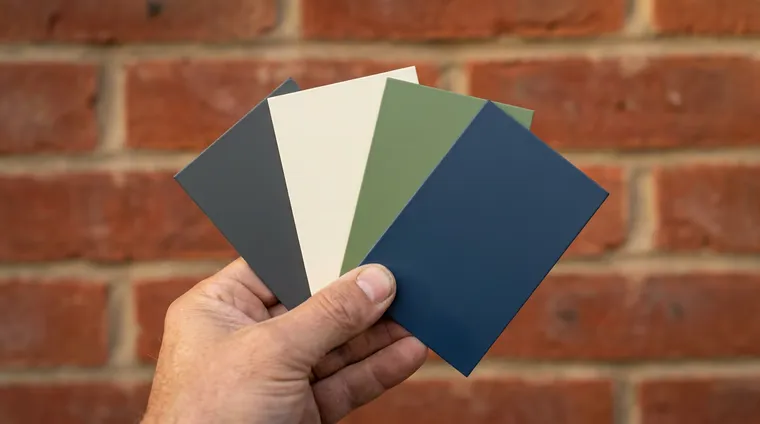 Hand holding plain painted colour swatches against a sunlit red brick wall