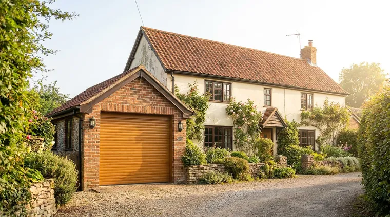 Period cottage fitted with a golden oak woodgrain effect roller garage door