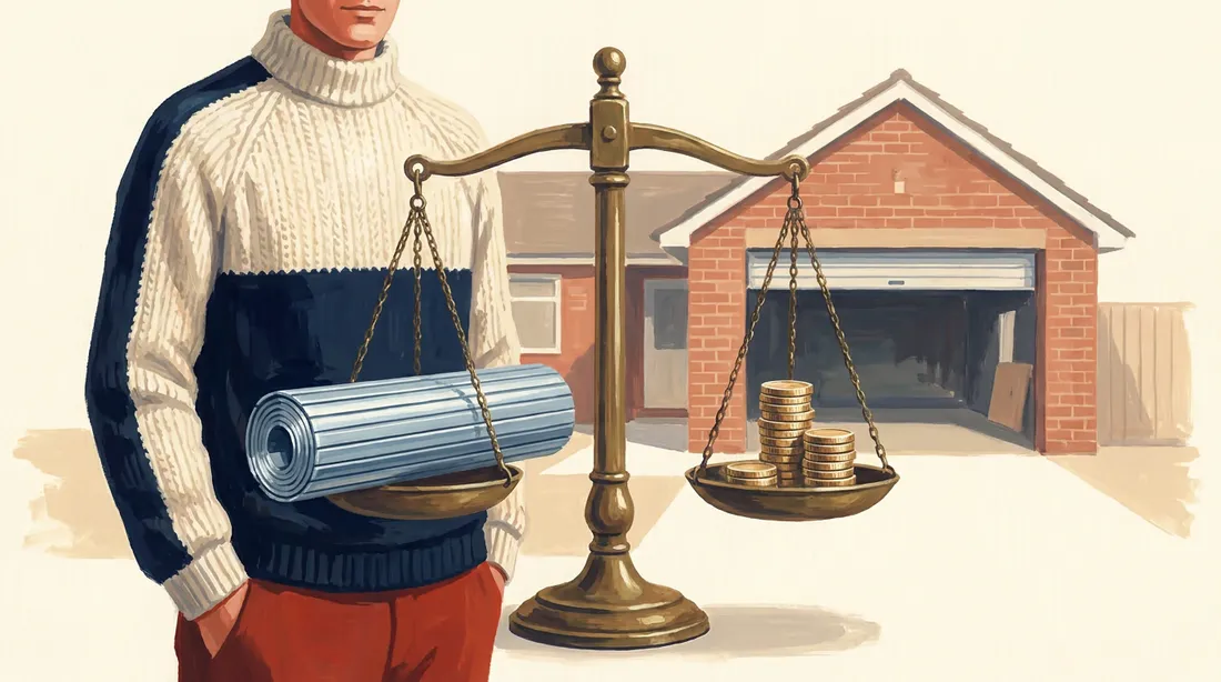 Painted illustration of a balance scale weighing a coiled roller garage door against stacked coins