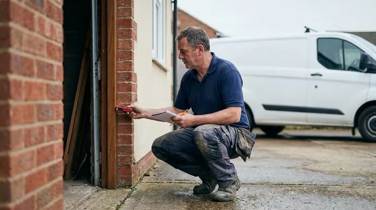Installer measuring a brick garage opening with a laser measure during a survey