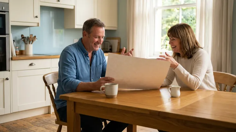 Surveyor and homeowner discussing a written quote at a kitchen table