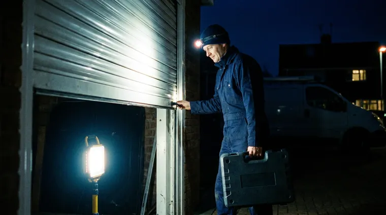 Engineer inspecting a stuck roller garage door at night under a bright work lamp