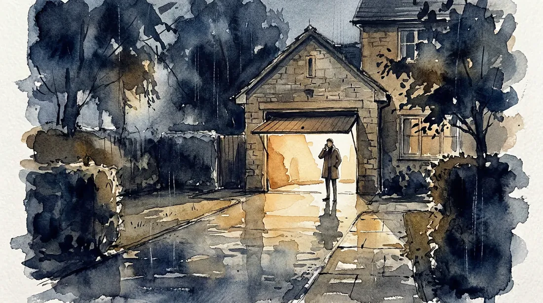 Watercolour night scene of a garage door jammed half open with a figure calling for help