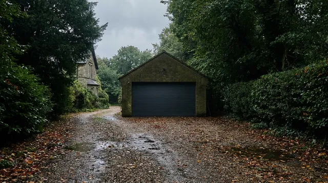 Detached brick garage among trees in Epping fitted with a new dark roller door