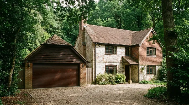 Period house on the edge of woodland in Epping with a dark woodgrain roller garage door