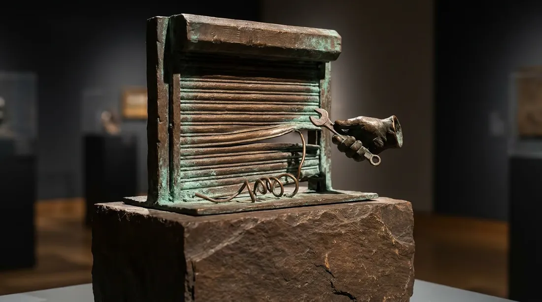 Bronze sculpture of a roller garage door with a snapped cable and an engineer reaching in with a spanner