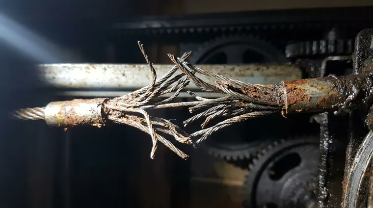 Macro close-up of a frayed steel garage door lifting cable with broken strands