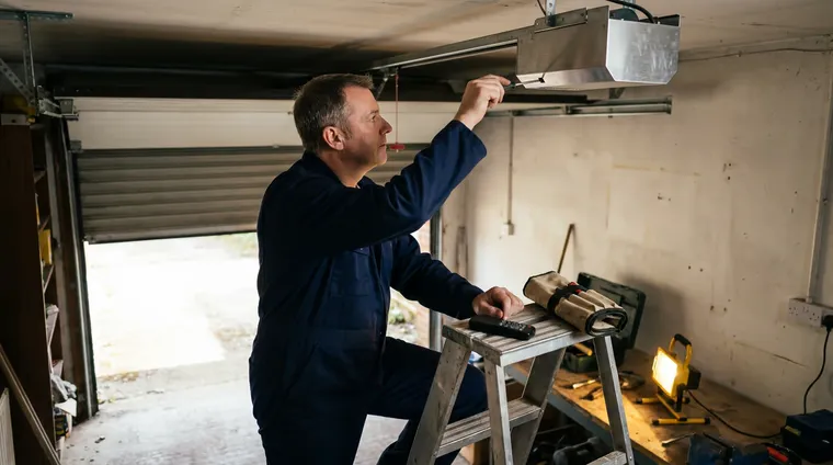 Engineer opening a roller door motor housing to diagnose a fault
