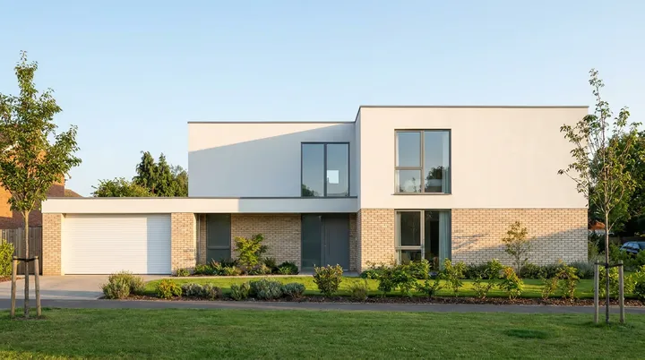 Post war new town house in Harlow with a fresh white roller garage door