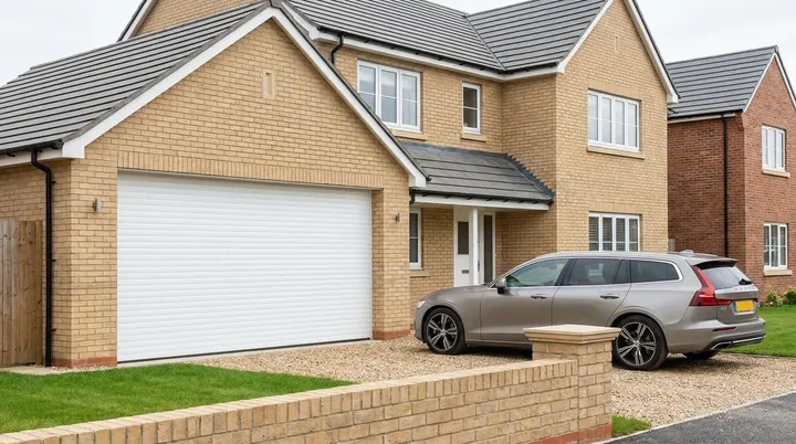Modern buff brick estate house with a white insulated roller garage door