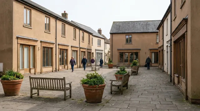 Small English market town square with rendered buildings and benches