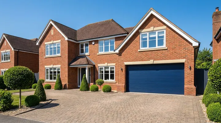 Detached red brick Hertfordshire home with a wide dark blue double roller garage door