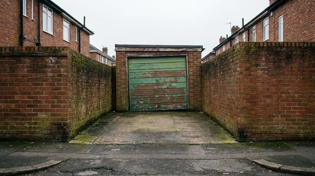 Narrow side passage garage on an interwar semi in Hornchurch with a short driveway