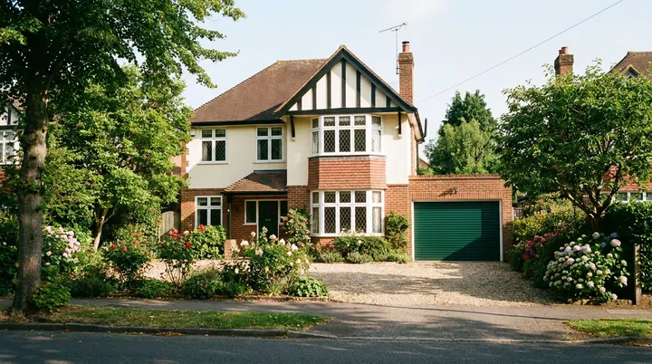 1930s detached house in Hornchurch with a half timbered gable and a deep green roller garage door