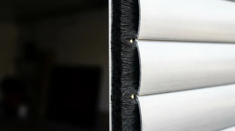 Close-up of a brush seal sealing the edge of a roller door against its guide runner