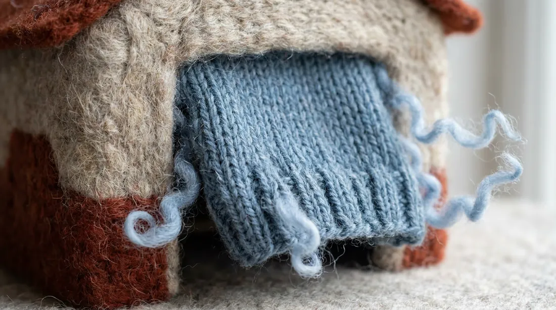 Felted wool artwork of a garage whose roller door is knitted like a warm jumper