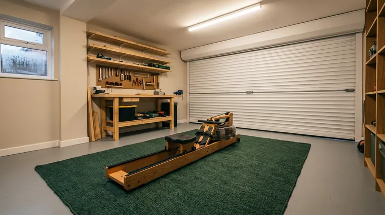 Converted garage used as a home gym with the insulated roller door closed
