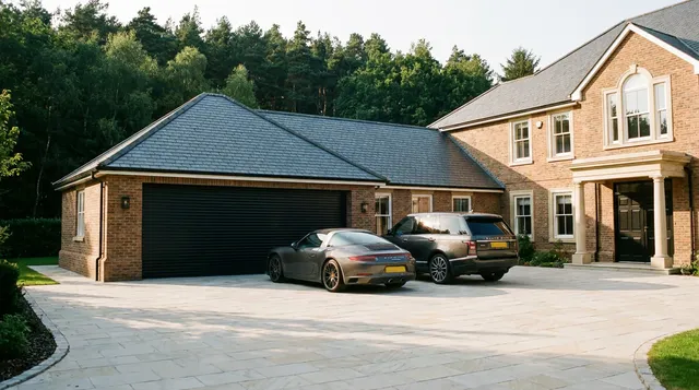 Double garage in Loughton spanned by a single black roller door with two cars in front