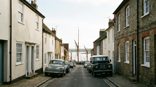 Historic Maldon street leading down to sailing barges on the quay
