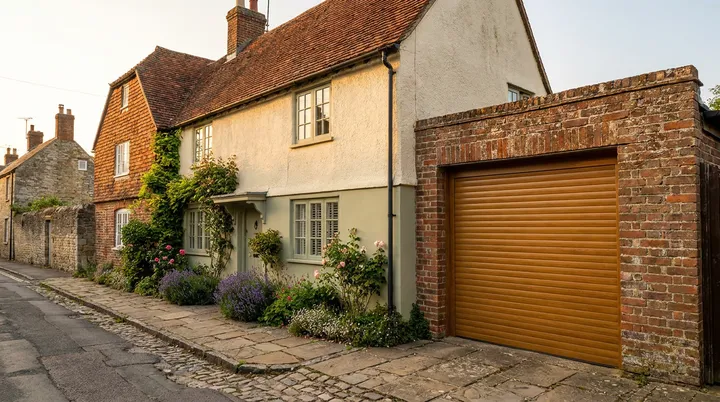 Period cottage in Maldon with a golden oak roller garage door on the brick garage