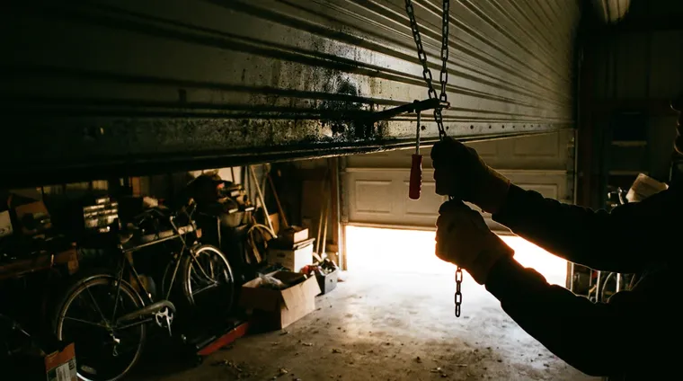 Hands using the manual override to raise a roller garage door during a power cut