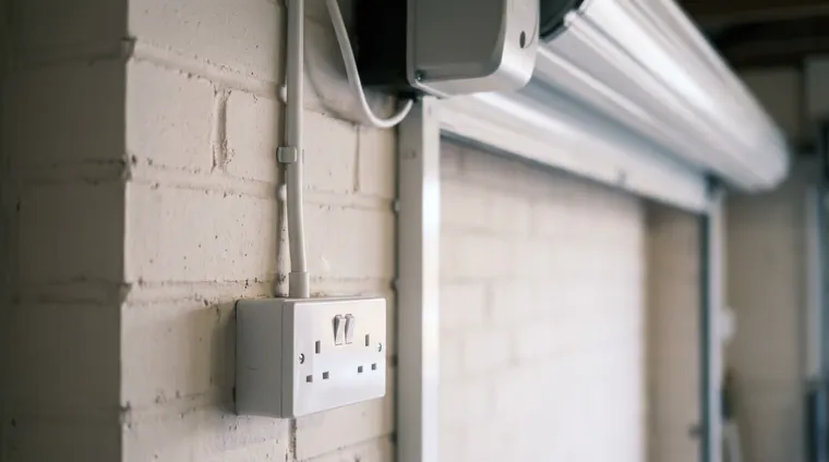 Standard British wall socket in a garage with tidy cabling to the door motor