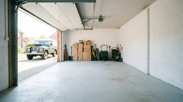 Empty swept garage with belongings stacked clear of the opening ready for fitting