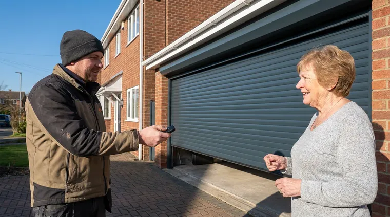 Installer demonstrating the remote control to a homeowner beside a new roller door