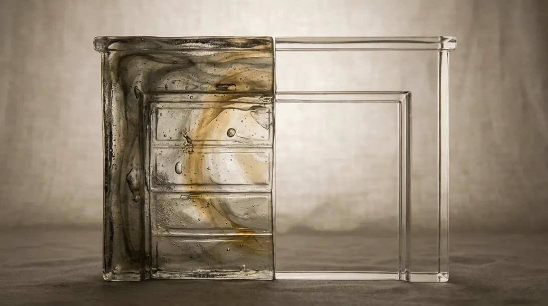 Glass sculpture of a garage door, clouded and worn on one half and clear and new on the other