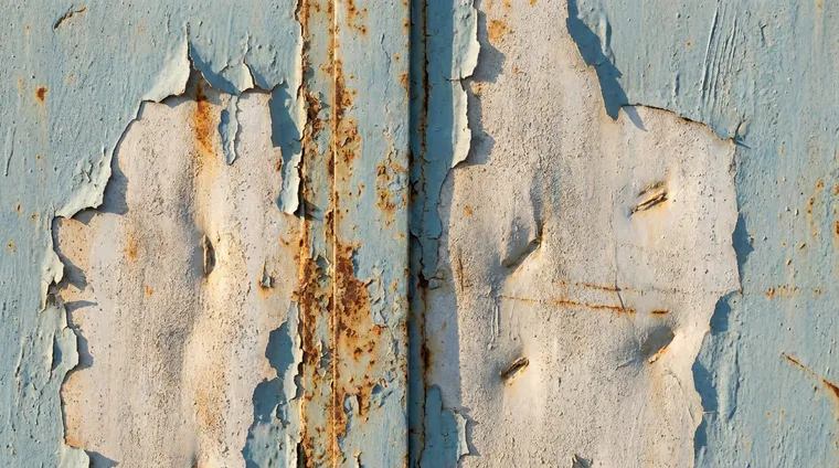 Close-up of a weathered old garage door with flaking paint and surface rust