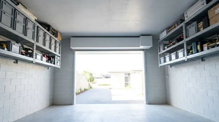 Garage interior showing a clear ceiling with only a compact roller door box above the opening