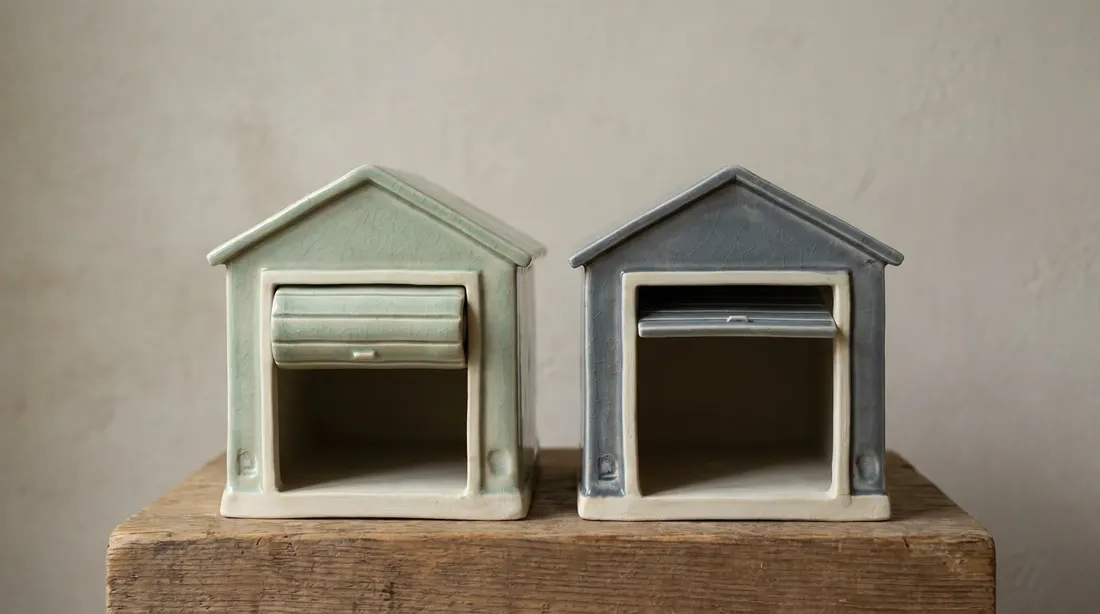 Ceramic sculpture comparing a coiled roller door with a sectional door folded along the ceiling