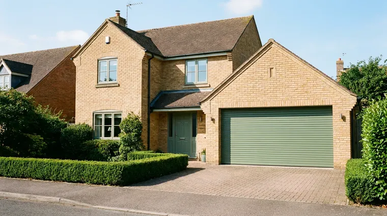 Detached home with a moss green roller garage door and smart block paved driveway