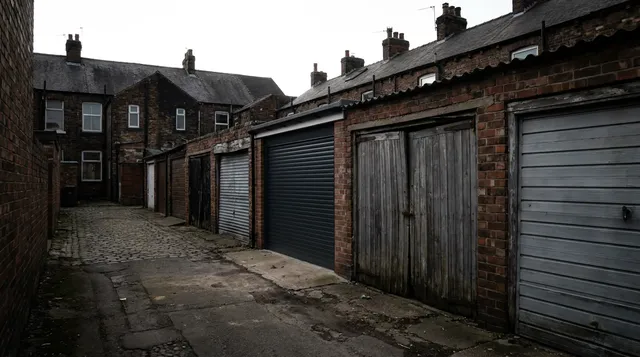 Back lane garages in Romford with one modernised anthracite roller door among older doors