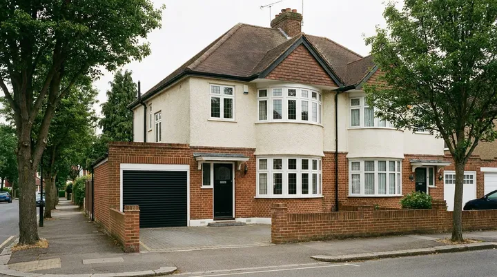 1930s semi in Romford with a black roller garage door beside the house