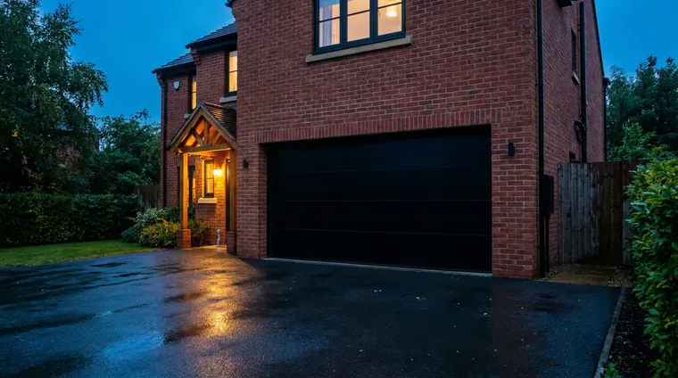 Closed black roller garage door with no external handle on a house at dusk