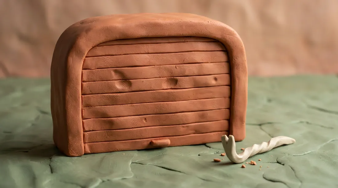 Clay sculpture of a roller garage door standing firm beside a bent crowbar